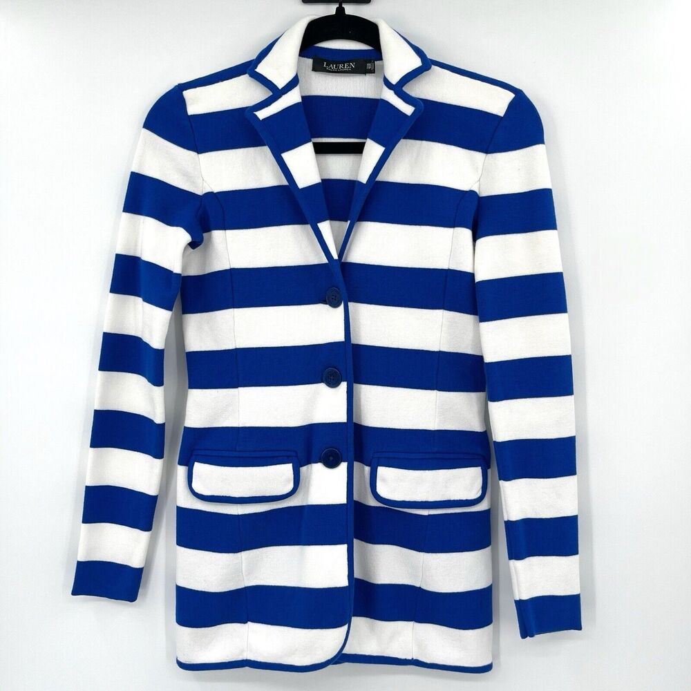 Lauren Ralph Lauren Womens Jacket Size XXS Blue Striped Knit Stretch Blazer